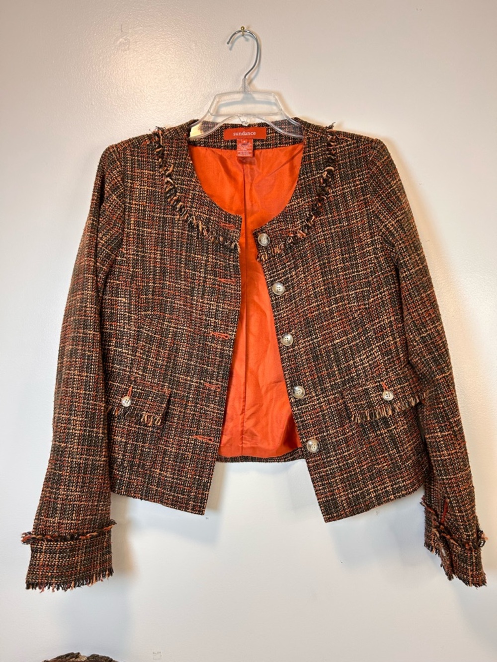 Sundance Fringe Woven Tweed‎ Wool Blend Orange Blazer Jacket Women’s 8 (medium)